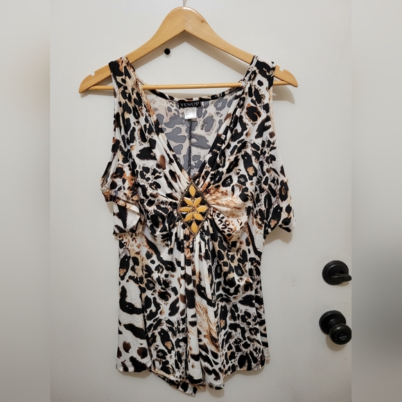 VENUS Animal Print Cold Shouldered Top with Beaded Detail - Size XL - Picture 1 of 7